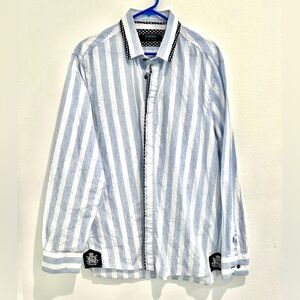 Coogi Luxe Button Down Shirt, Blue &‎ White Striped Design Paisley XL 17.5/18